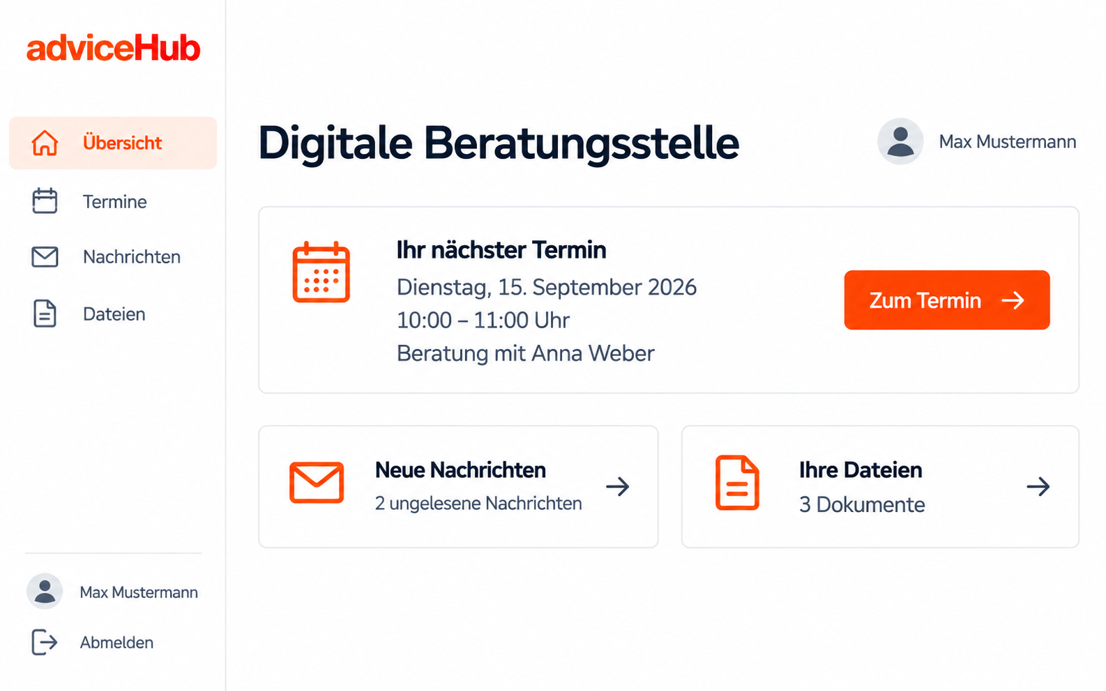 Klientenportal mit Übersicht, Terminen, Nachrichten und Dateien Klientenportal mit Übersicht, Terminen, Nachrichten und Dateien