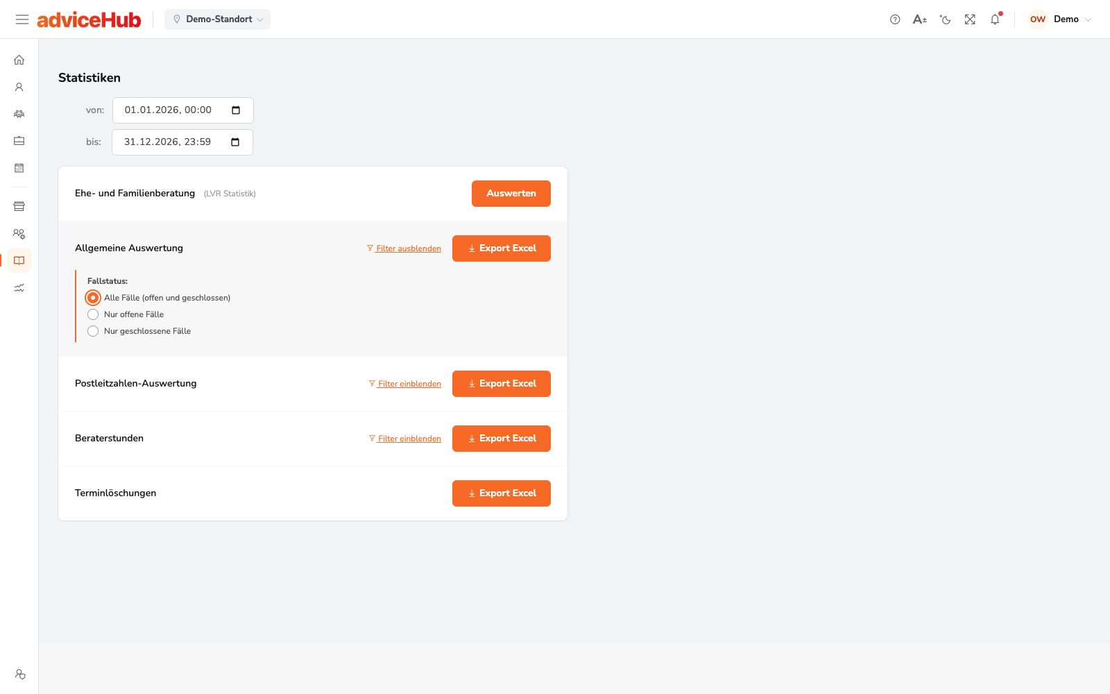 AdviceHub Statistikansicht mit Berichtsfiltern und Excel-Export