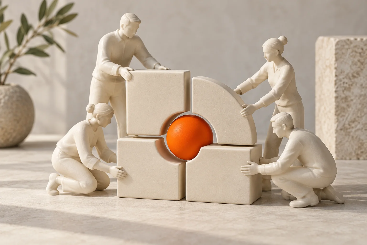 Über AdviceHub Keramikfiguren gestalten gemeinsam eine modulare Struktur mit orangefarbenem Mittelpunkt