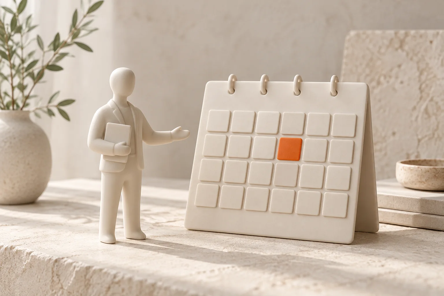 Terminverwaltung Keramikfigur neben einem Kalender aus Kacheln mit orangefarbenem Termin