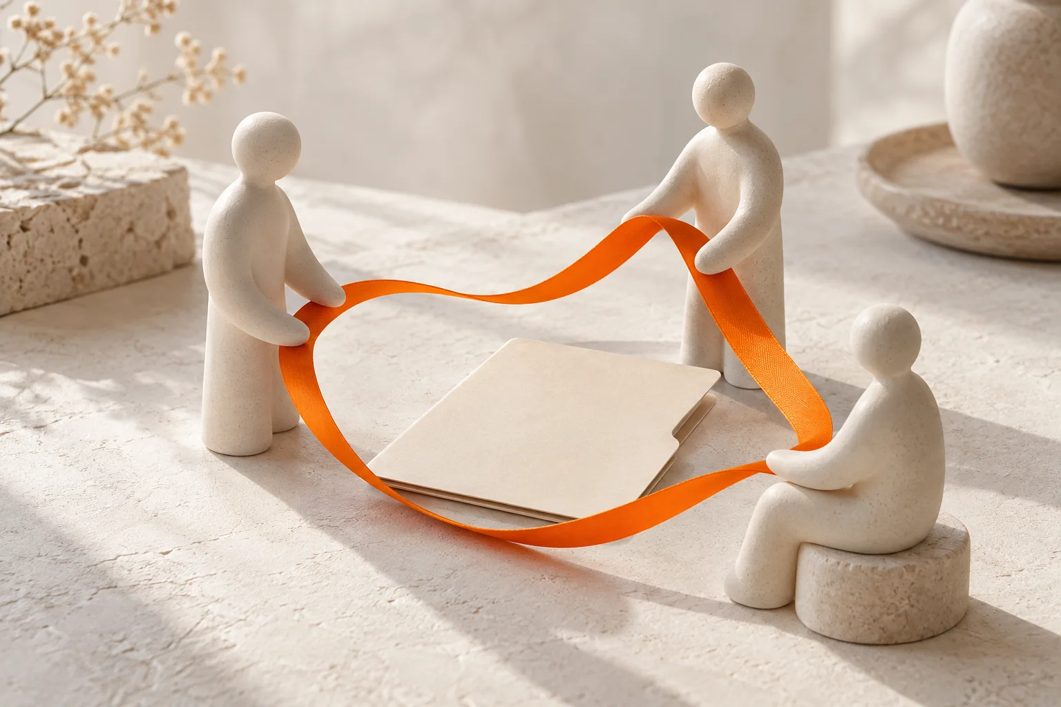 Startseite – Beratung im Mittelpunkt Drei Keramikfiguren sind durch ein orangefarbenes Band verbunden