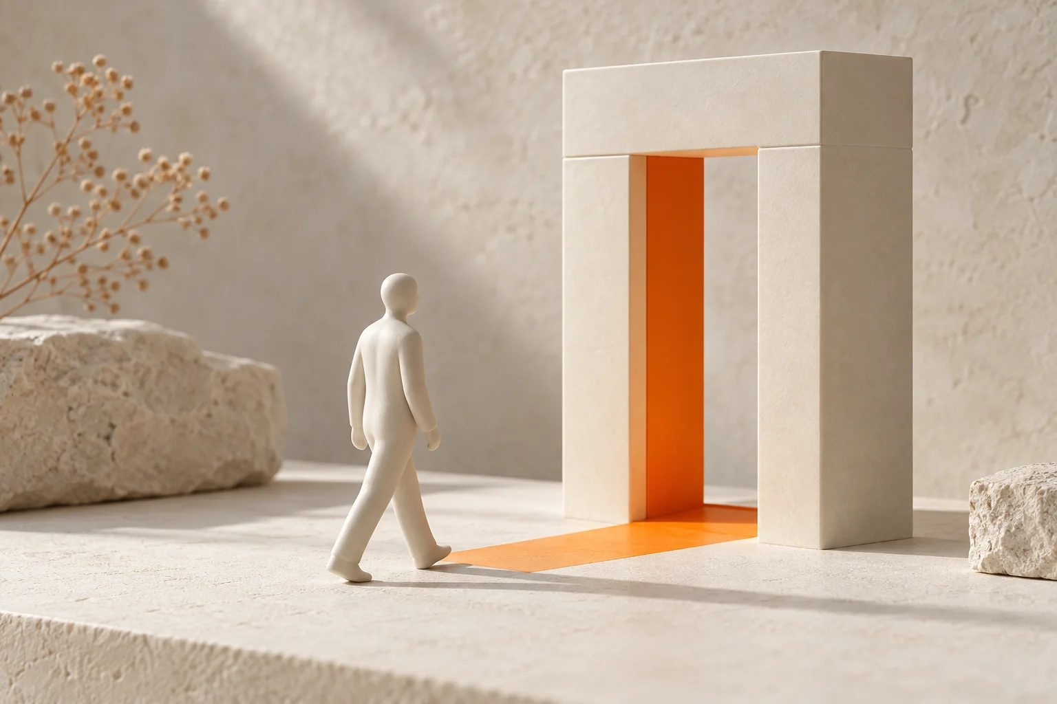 Klientenportal Keramikfigur vor einem offenen Portal mit orangefarbenem Zugang