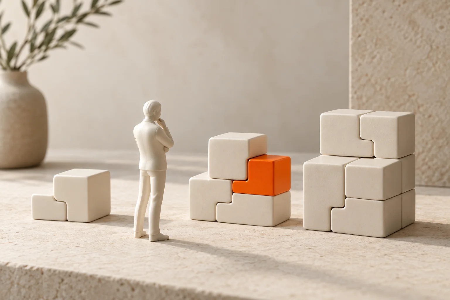 Preise und Konfiguration Keramikfigur neben unterschiedlich großen modularen Bausteinen mit orangefarbener Verbindung