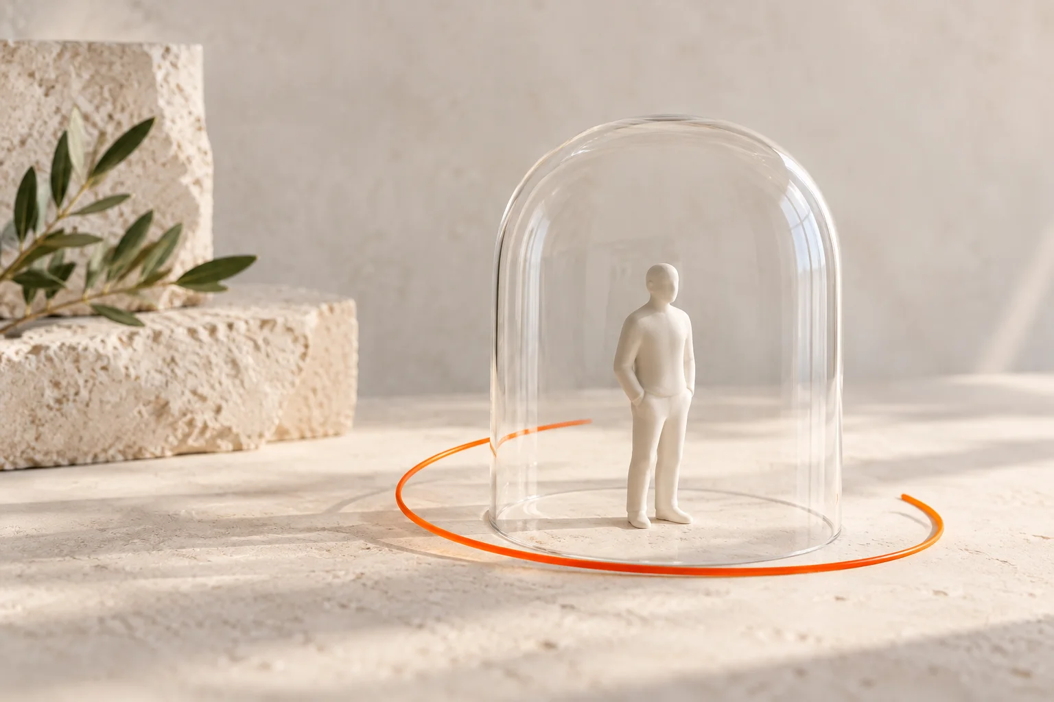 Sicherheit für Klienten Keramikfigur in einem geschützten Glasraum mit orangefarbener Umrandung
